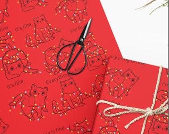 Carta da regalo con gatto divertente impigliato nelle luci, carta da regalo "Sto bene"