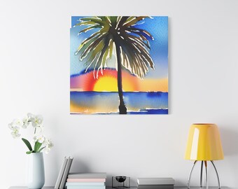 Stampa su tela con palma ad acquerello, arte murale costiera