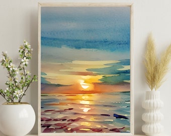 Stampa digitale istantanea di Alba sull'oceano, download di stampe digitali di acquerelli di spiaggia, tramonto costiero, arte per la casa e il design di prodotti