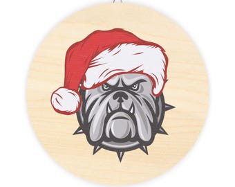Bulldog con cappello di Babbo Natale in legno / Decorazione murale natalizia rotonda