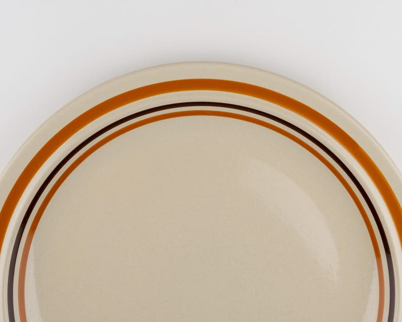 May include: A round ceramic plate with a smooth, light beige surface. The rim features a series of concentric circular bands in varying shades of brown and burnt orange, creating a simple, clean, and defined border around the edge of the plate.
