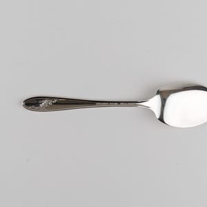 May include: A silver-toned metal spoon with a polished, reflective bowl and a slender handle. The handle features an embossed floral pattern near the tip and includes the stamped text "STAINLESS STEEL" and "MADE IN FRANCE" along the neck.