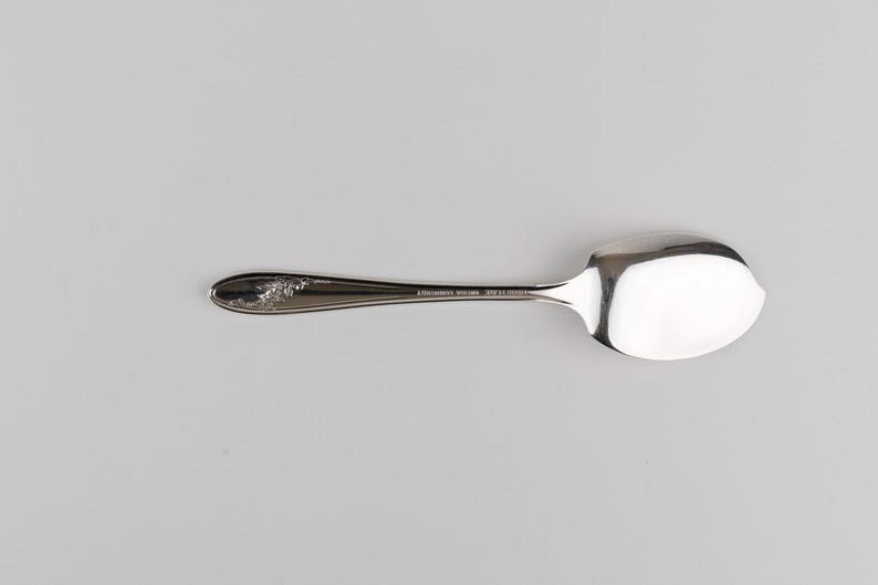 May include: A silver-toned metal spoon with a polished, reflective bowl and a slender handle. The handle features an embossed floral pattern near the tip and includes the stamped text "STAINLESS STEEL" and "MADE IN FRANCE" along the neck.