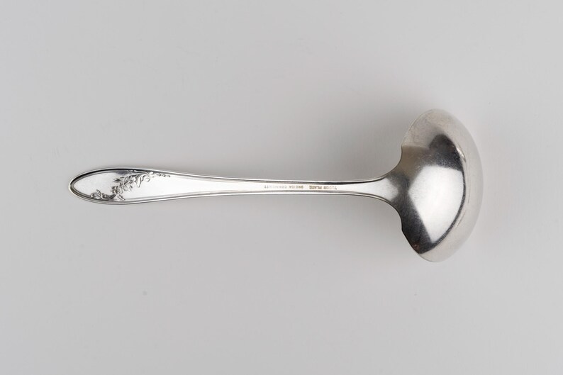 May include: A silver-colored metal ladle with a polished, rounded bowl and a slender handle. The handle features an embossed floral pattern near the tip and includes the stamped text "WM ROGERS MFG CO" and "IS" along the center shaft.