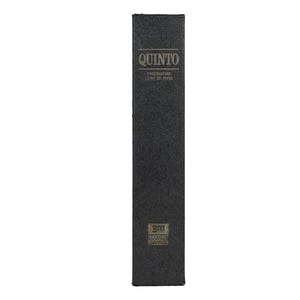 May include: A tall, rectangular black box with a textured surface. The top features the word QUINTO in gold lettering, followed by the text FASCINATING GAME OF FIVES. The bottom displays a small logo with the text 3M GAMES, GAMES OF THE WORLD.