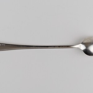 May include: A silver-toned metal spoon featuring a smooth, elongated handle with a decorative floral pattern embossed at the tip. The neck of the spoon displays the text "STAINLESS STEEL" followed by "JAPAN" in small, clear, capital letters.