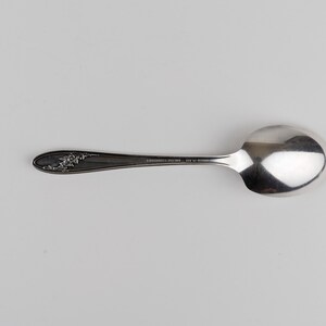 May include: A silver-toned metal spoon featuring a polished oval bowl and a slender handle. The handle displays an embossed floral pattern at the tip and includes the engraved text "COMMUNITY PLATE" along the center of the stem.