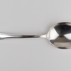 May include: A silver-toned metal spoon featuring a polished oval bowl and a slender handle. The handle is decorated with an embossed floral pattern near the tip and a smaller decorative detail where the handle meets the bowl of the spoon.