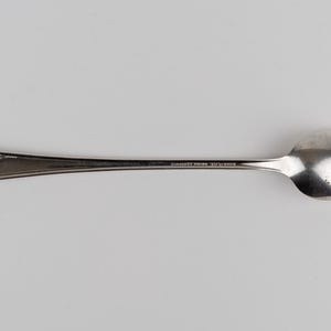May include: A silver-toned metal spoon featuring a smooth, elongated handle with a decorative floral embossed pattern at the end. The stem of the spoon displays the engraved text "EUREKA PLATE" followed by "REGINA COMMUNITY".
