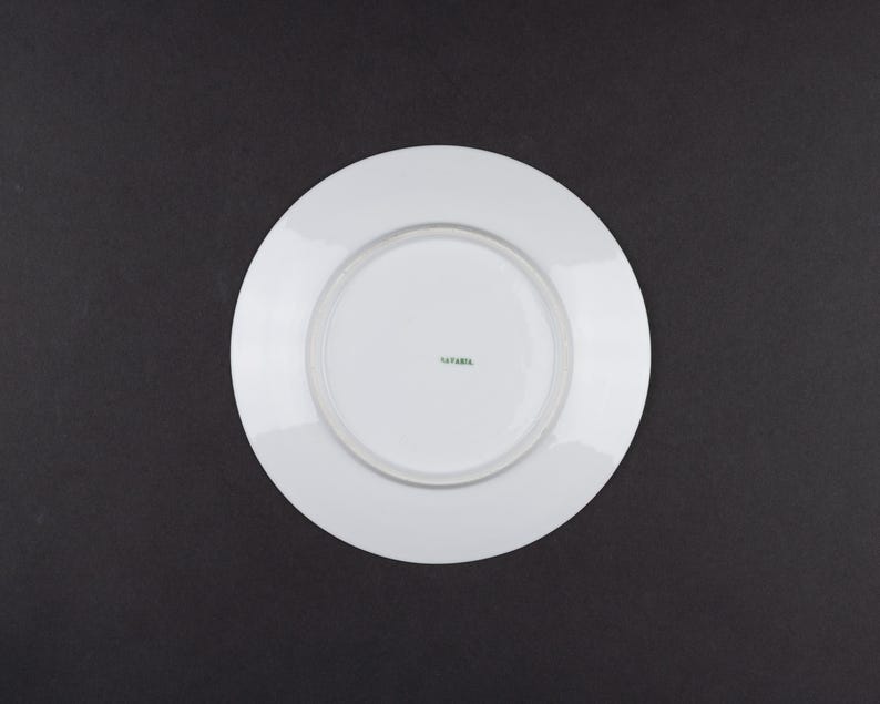 May include: A white ceramic plate viewed from the underside, featuring a smooth, circular surface with a raised rim. In the centre of the plate, the word "BAVARIA" is printed in small, green, capitalised letters, indicating the origin of the piece.