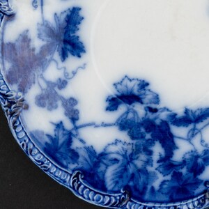 Puede incluir: Un platillo de cer&aacute;mica blanca con un patr&oacute;n azul de transferencia que muestra hojas de vid, zarcillos y racimos de uvas. El borde del platillo presenta un relieve decorativo con un dise&ntilde;o repetitivo de festones y nervaduras.