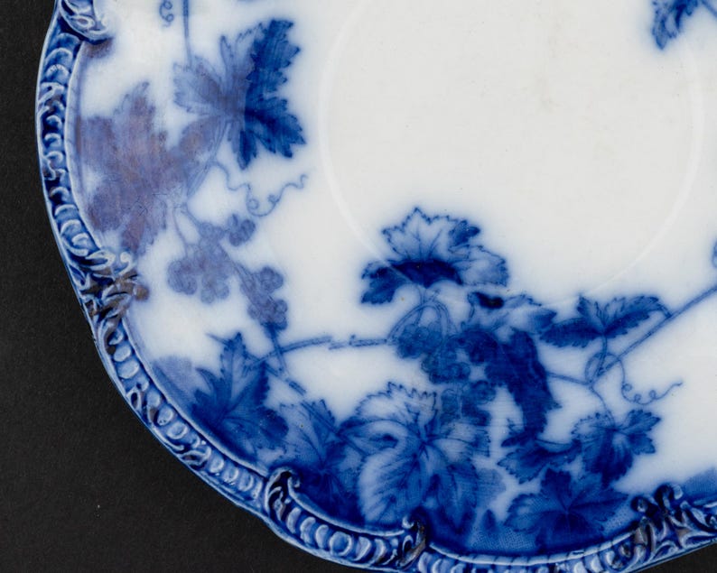 Puede incluir: Un platillo de cer&aacute;mica blanca con un patr&oacute;n azul de transferencia que muestra hojas de vid, zarcillos y racimos de uvas. El borde del platillo presenta un relieve decorativo con un dise&ntilde;o repetitivo de festones y nervaduras.