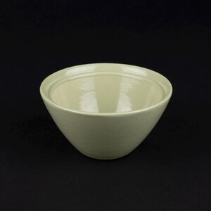 May include: A light sage green ceramic bowl with a smooth, glossy finish. The bowl features a wide, open circular rim and a deep, rounded basin. The interior and exterior surfaces are uniform in colour, showcasing a simple, functional design.
