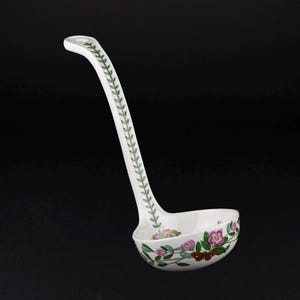 May include: A white ceramic ladle featuring a long handle decorated with a green leaf vine pattern. The bowl of the ladle is adorned with a colorful botanical illustration of pink flowers, green leaves, and a small brown butterfly on the exterior.