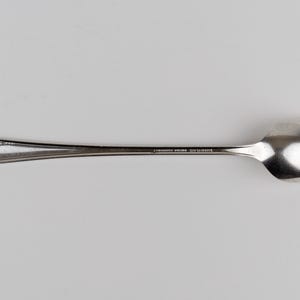 May include: A silver-colored metal spoon featuring an elongated handle with a decorative floral relief pattern at the tip. The handle includes the engraved text "WM. ROGERS MFG. CO. IS" and the bowl of the spoon is smooth and oval-shaped.