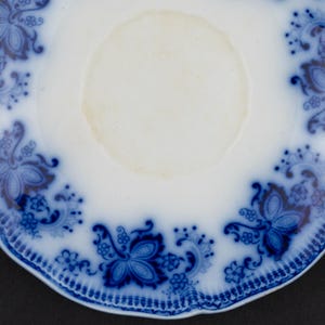 Może przedstawiać: Biały ceramiczny spodek z falistym brzegiem i ozdobną bordiurą w ciemnoniebieskie wzory kwiatowe. Środek spodka posiada okrągłe wgłębienie z jasnobrązowym odbarwieniem, otoczone misternymi niebieskimi motywami liści.