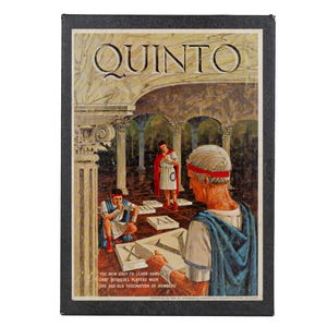 May include: A rectangular board game box titled QUINTO with a black border. The cover illustration depicts three figures in ancient Roman attire interacting with large white tiles featuring Roman numerals within a stone colonnade setting.