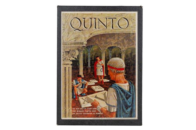 May include: A rectangular board game box titled QUINTO with a black border. The cover illustration depicts three figures in ancient Roman attire interacting with large white tiles featuring Roman numerals within a stone colonnade setting.