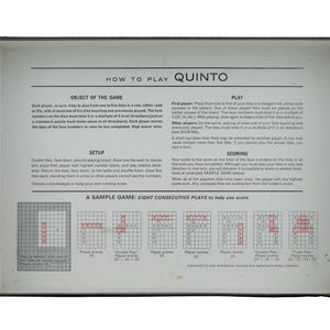 May include: The interior of a Quinto board game box lid featuring printed instructions titled HOW TO PLAY QUINTO. The text outlines the object of the game, setup, play, and scoring, accompanied by a grid diagram labelled A SAMPLE GAME.