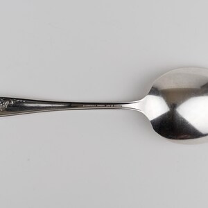 May include: A silver-toned metal spoon featuring an oval bowl and a slender handle. The handle is decorated with an embossed floral pattern near the tip and includes a small, stamped inscription along the center of the stem.