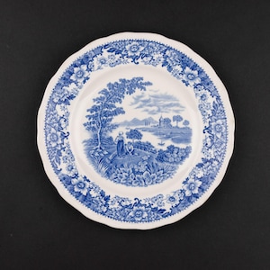 May include: A white ceramic plate with a scalloped edge featuring a blue transferware pattern. The center depicts a landscape with figures, trees, and a body of water, while the rim is decorated with a dense floral and leaf border design.