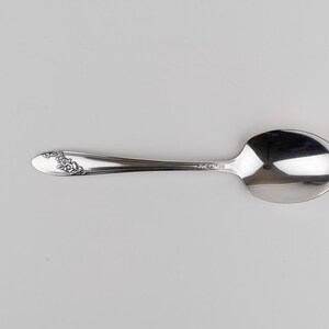 May include: A polished silver-tone metal spoon featuring a smooth, reflective bowl and a slender handle. The handle is decorated with a delicate, embossed floral pattern near the tip, adding a subtle texture to the otherwise sleek design.