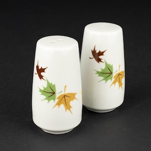 May include: A pair of white ceramic salt and pepper shakers with a tapered cylindrical shape. Each shaker features a decorative pattern of small maple leaves in shades of brown, light green, and yellow scattered across the smooth white surface.