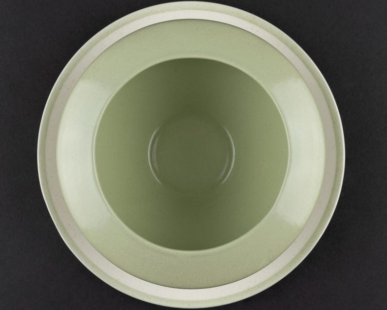Peut inclure: Une vue de dessus d'un bol rond en c&eacute;ramique pr&eacute;sentant un int&eacute;rieur lisse vert sauge clair et un large bord plat. Le bord ext&eacute;rieur est fini avec une bande blanche unie et nette qui encercle toute la circonf&eacute;rence du bol.