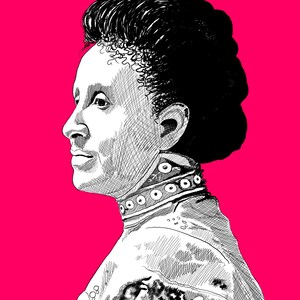 May include: A black and white illustration of a person in profile against a bright pink background. The person has dark hair and is wearing a decorative collar with circular accents. The artwork is detailed with cross-hatching.