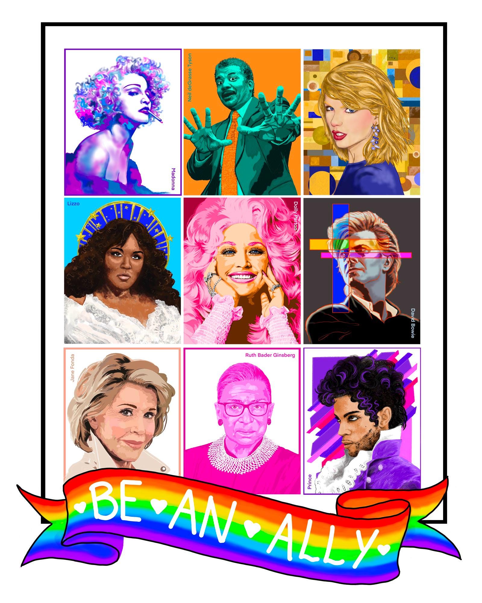 DIGITAL DOWNLOAD - Pride Art Poster - Famous LGBTQIA+ Allies - 9 Portraits of Inspiring People Fighting For Queer Rights