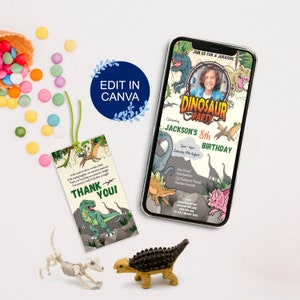 Dinosaur Birthday Party Invitation with Photo Canva Template (Digital Download)