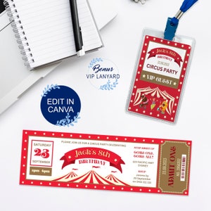 Circus Birthday Party Vintage Ticket Invitation Bundle Big Top Invite with VIP Lanyard