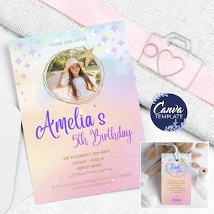 Rainbow Birthday Invitation Kids Party Printable Photo Invite Colorful Girls 5th Birthday Picture Invite Personalized Ombre Canva Template