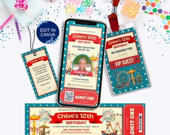 Amusement Park Birthday Ticket Invitation Template Bundle with Photograph | Ticket, Digital Invite, VIP Lanyard, Thank You Tag | Printable