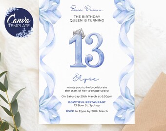 Coquette Blue Bow 13th Birthday Invitation Printable Canva Template