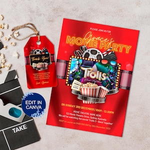 Movie Night Party Invitation Cinema Birthday, Film Decor (Canva Template)