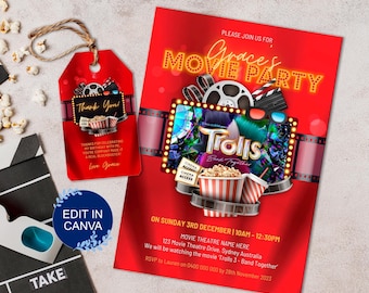 May include: Red and black movie party invitation with a picture of the movie Trolls. The invitation says "Please join us for Grace's Movie Party" and includes the date, time, and location of the party. The invitation also includes a thank you tag with the text "Thank You!! Thanks for celebrating my birthday with me. You're company made it a real blockbuster. Love Grace."
