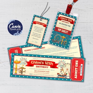 Themenpark Geburtstag Bundle Teen Einladen Vergnügungspark Vintage Ticket Design Achterbahn Party Thema Canva Vorlage Karneval Party Set