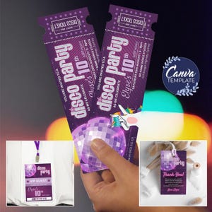 Uitnodiging discofeest, afdrukbare ticketsjabloon feestpas, disco thema verjaardagsuitnodiging afdrukbare bedankkaart disco themafeestset