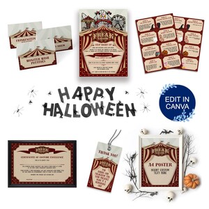 FreakShow Vintage Halloween Party Invitation Bundle | Freak show Invite | Incl. Scavenger Hunt, Poster, Labels, Certificate & Thank You Tag