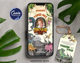 May include: A digital invitation for a dinosaur themed birthday party. The invitation features a cartoon image of a dinosaur with the text "Jackson's Three-Rex Dinosaur Party" and a photo placeholder. The invitation also includes details about the party, such as the date, time, and location. A separate thank you tag features a cartoon dinosaur with the text "I had a dino-mite time at my Three-Rex party and loved celebrating with you - you're totally roarsome! Thank You!"