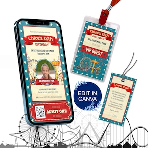Vergnügungspark Digital Geburtstag Party Einladung mit Foto Digital Smartphone einladen mit Fotorahmen Sofortiger Download Canva Bearbeiten