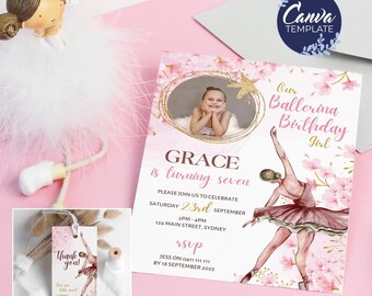 May include: Pink and gold ballerina birthday invitation with a photo frame, a ballerina illustration, and the text "Our Ballerina Birthday Girl". The invitation includes the name "GRACE", the age "seven", the date "23rd September", the time "2PM-4PM", the address "124 Main Street, Sydney", and the RSVP information.