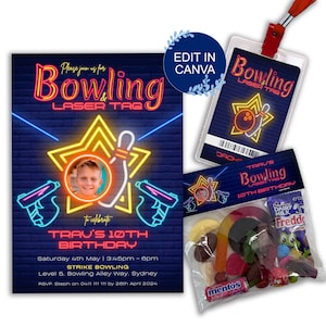 Neon Bowling and Laser Tag Birthday Invitation Bundle Lanyard & Bag Topper (Digital Download)