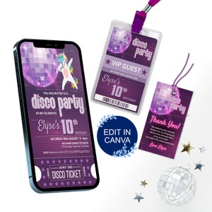 Disco Party Einladung Vorlage für digitales Ticket, Party Pass Disco Thema Geburtstagseinladung, druckbares Dankeschön, Disco-Thema, Party-Set