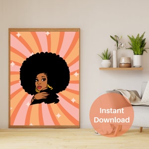 Afrocentric woman with Retro Background, Retro Wall Art, Retro Art Print, Afro Art Printable, Retro Afro Wall Art, Instant Download