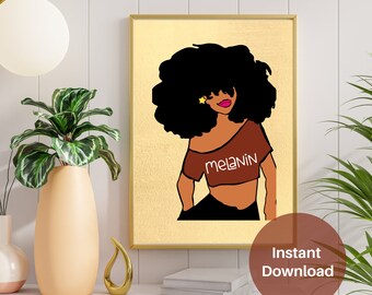 Afro Melanin Girl Art Print, Black Girl Magic Decor (Instant Download)