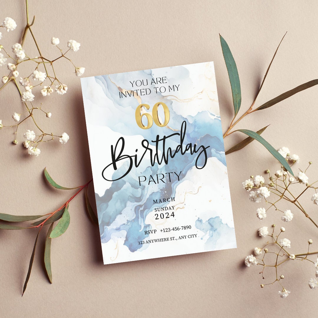 60th Birthday Invitation Printable, Editable Marble Design Invitation ...