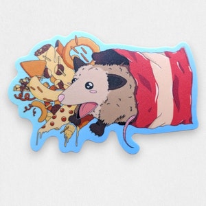 May include: A cartoon possum with a pink nose and big eyes is peeking out of a red and white striped bag. The possum is surrounded by a variety of food items, including pizza, pretzels, and french fries.