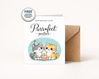 Cat Couple Birthday Card, Purrfect Partner Pun, Kawaii Watercolor